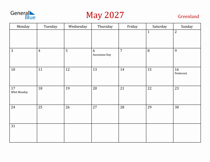 Greenland May 2027 Calendar - Monday Start