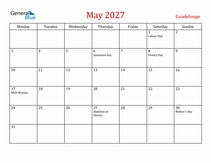Guadeloupe May 2027 Calendar - Monday Start