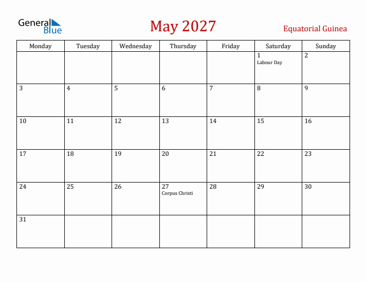 Equatorial Guinea May 2027 Calendar - Monday Start
