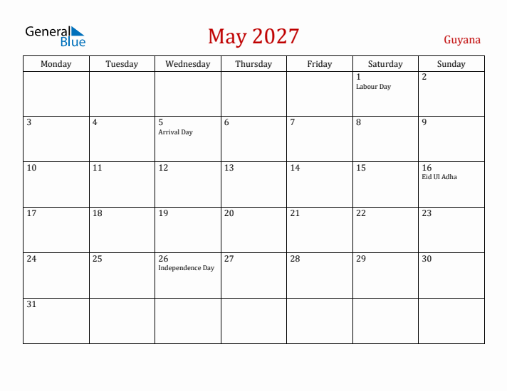 Guyana May 2027 Calendar - Monday Start