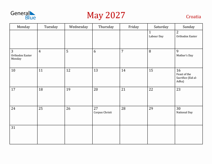Croatia May 2027 Calendar - Monday Start