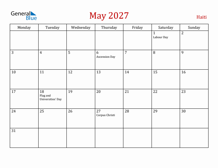 Haiti May 2027 Calendar - Monday Start