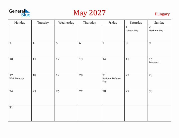 Hungary May 2027 Calendar - Monday Start