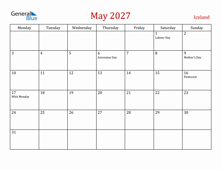 Iceland May 2027 Calendar - Monday Start
