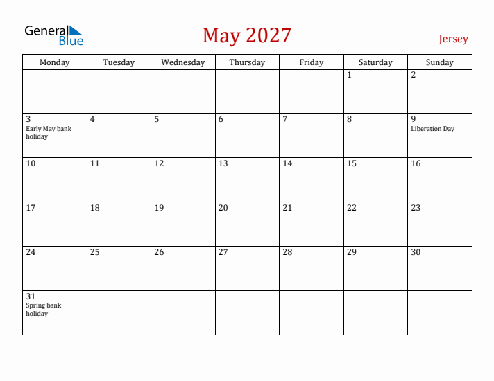 Jersey May 2027 Calendar - Monday Start