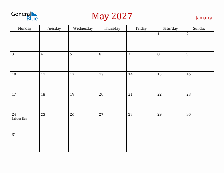 Jamaica May 2027 Calendar - Monday Start