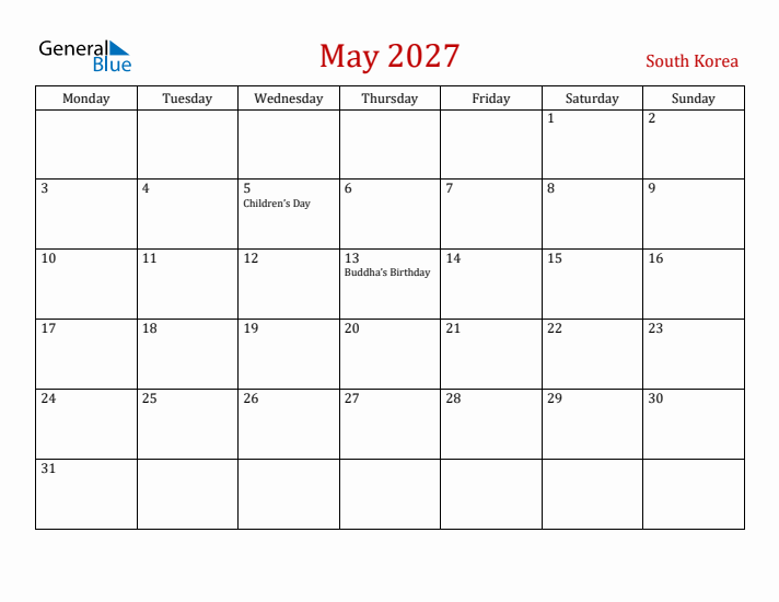 South Korea May 2027 Calendar - Monday Start