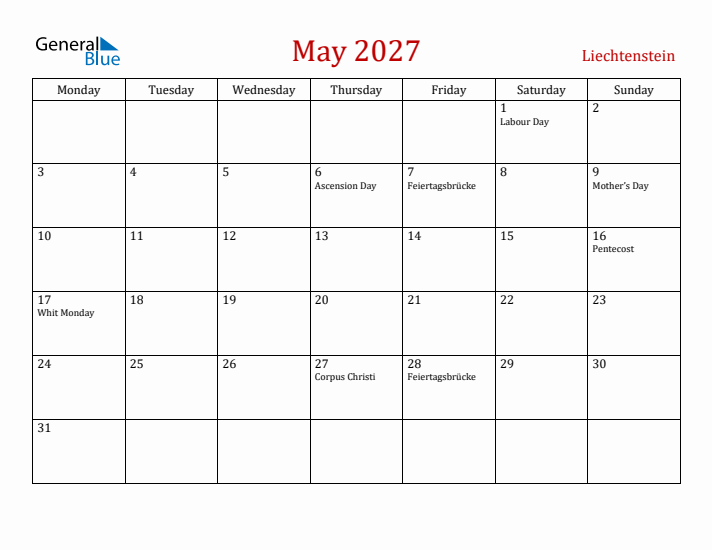Liechtenstein May 2027 Calendar - Monday Start
