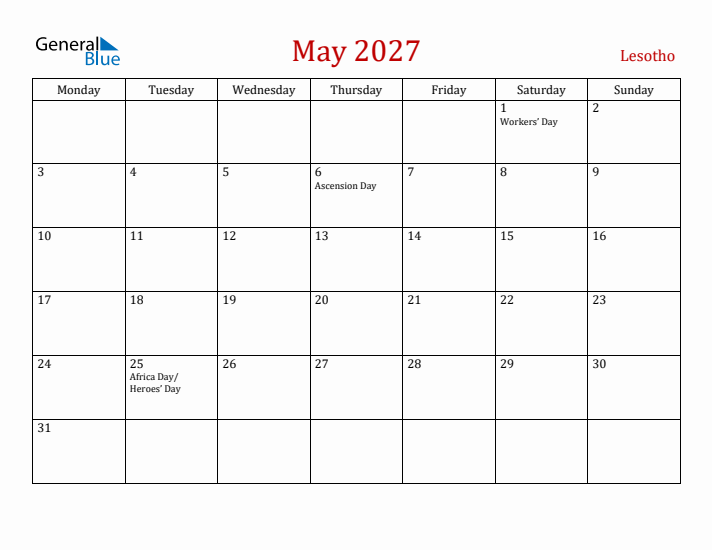 Lesotho May 2027 Calendar - Monday Start
