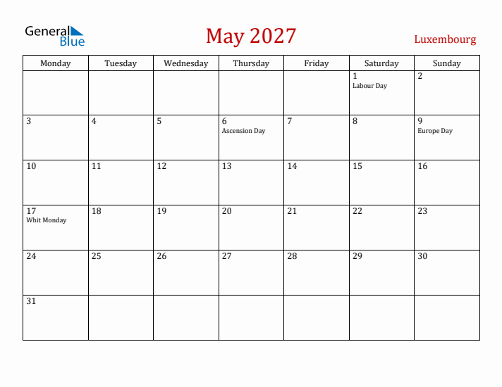 Luxembourg May 2027 Calendar - Monday Start