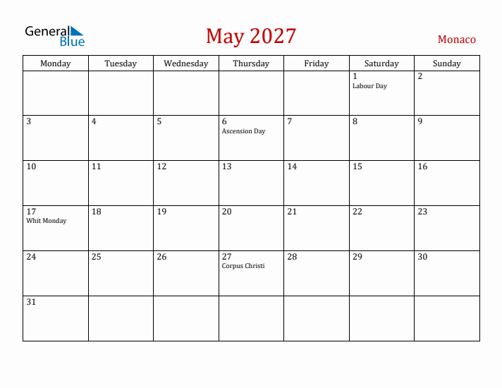Monaco May 2027 Calendar - Monday Start