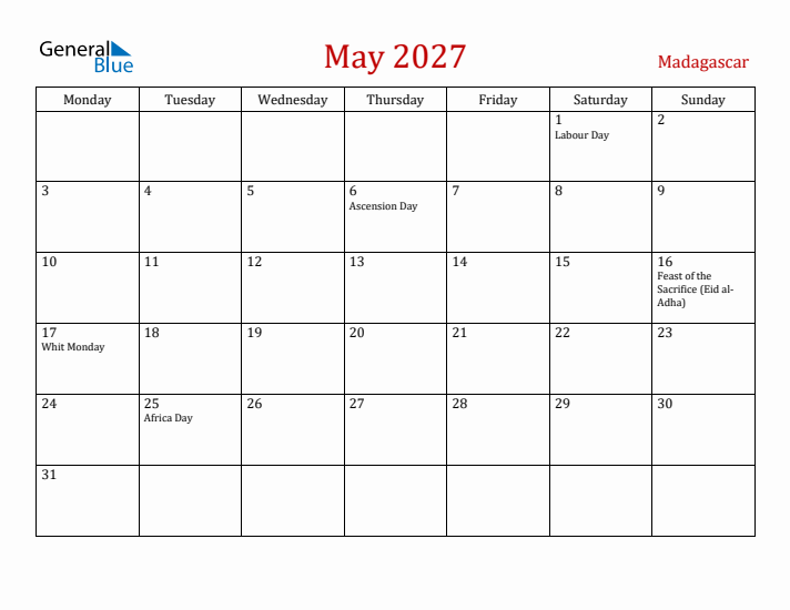 Madagascar May 2027 Calendar - Monday Start