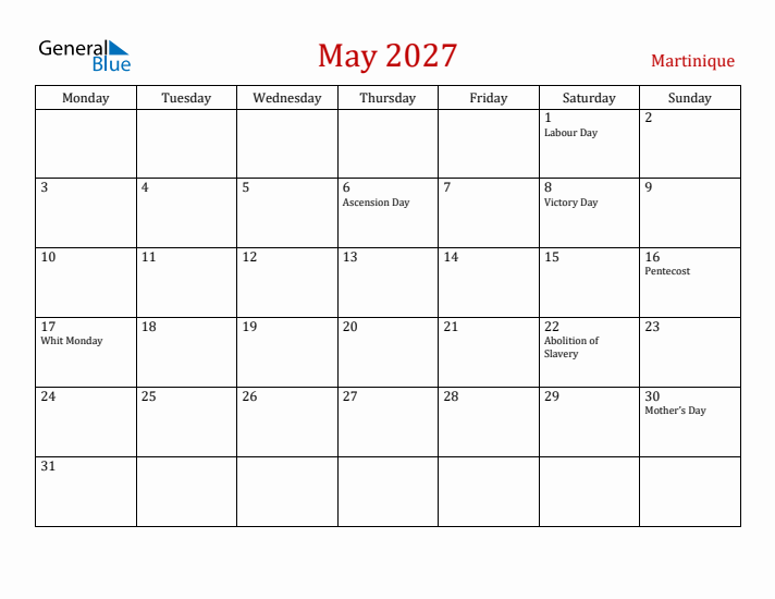 Martinique May 2027 Calendar - Monday Start