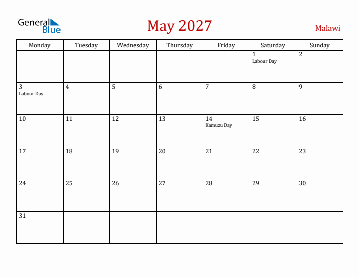 Malawi May 2027 Calendar - Monday Start