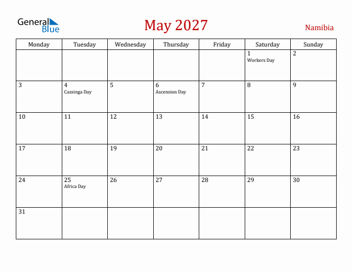 Namibia May 2027 Calendar - Monday Start