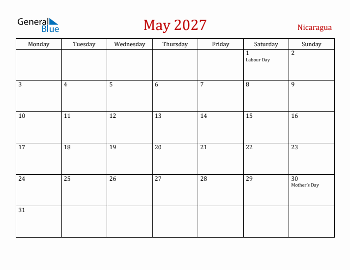 Nicaragua May 2027 Calendar - Monday Start