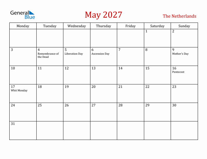 The Netherlands May 2027 Calendar - Monday Start