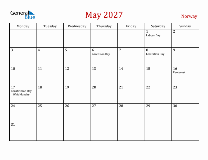 Norway May 2027 Calendar - Monday Start