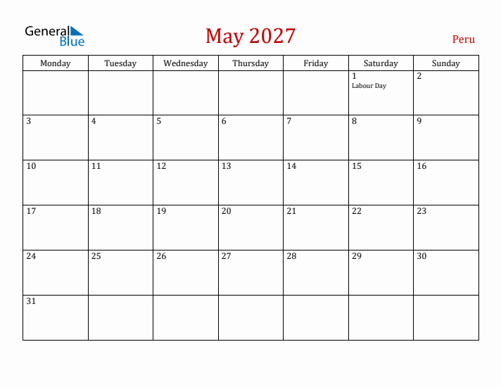 Peru May 2027 Calendar - Monday Start