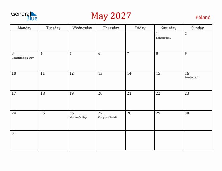 Poland May 2027 Calendar - Monday Start