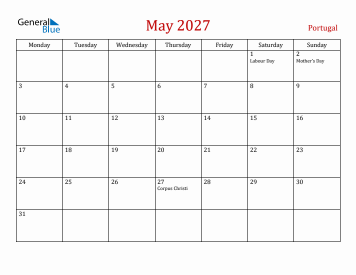 Portugal May 2027 Calendar - Monday Start