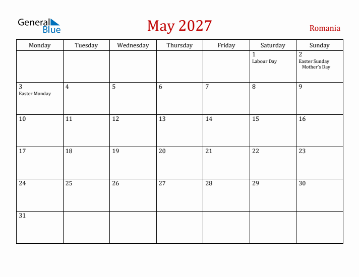 Romania May 2027 Calendar - Monday Start