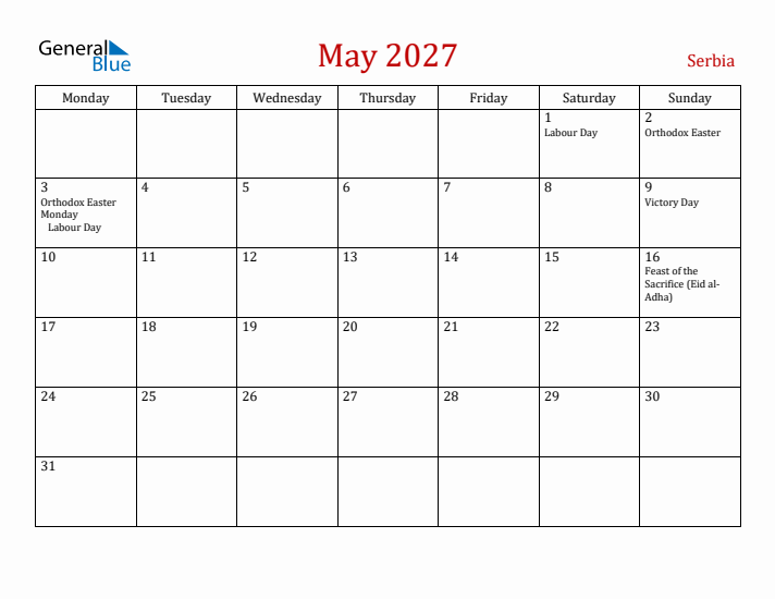 Serbia May 2027 Calendar - Monday Start