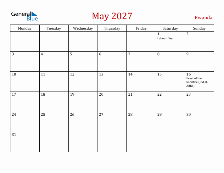 Rwanda May 2027 Calendar - Monday Start