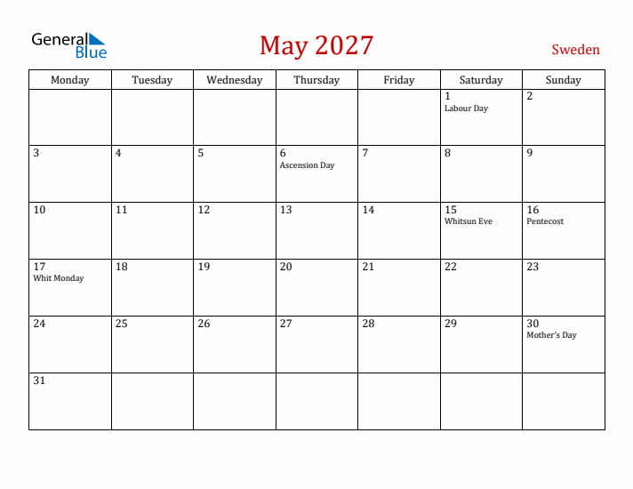 Sweden May 2027 Calendar - Monday Start