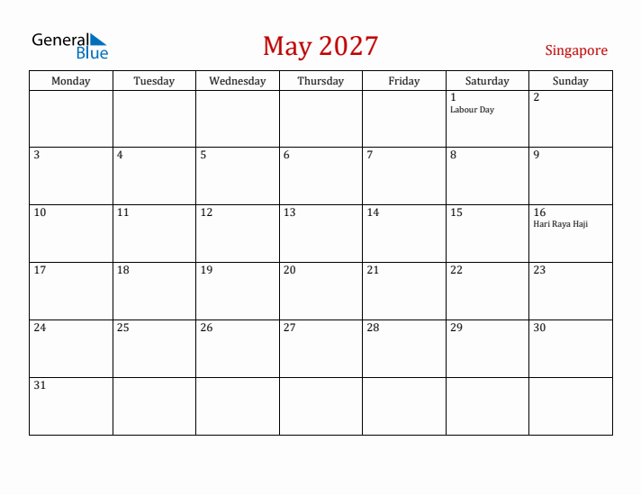 Singapore May 2027 Calendar - Monday Start