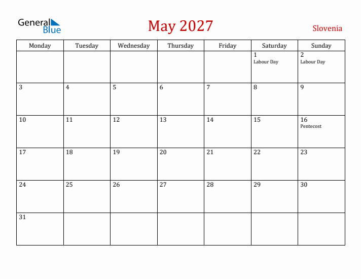 Slovenia May 2027 Calendar - Monday Start