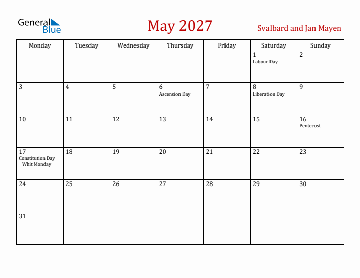 Svalbard and Jan Mayen May 2027 Calendar - Monday Start