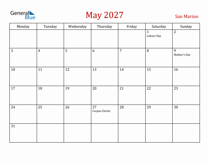 San Marino May 2027 Calendar - Monday Start