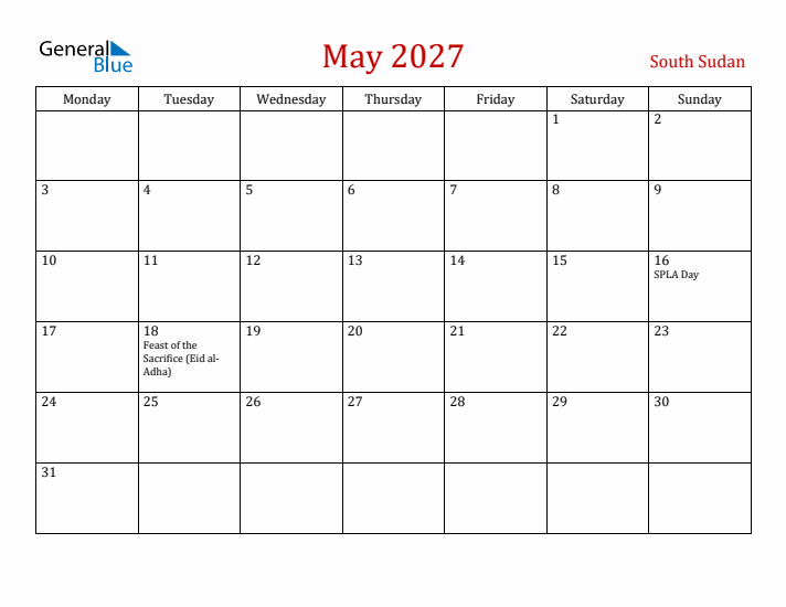 South Sudan May 2027 Calendar - Monday Start