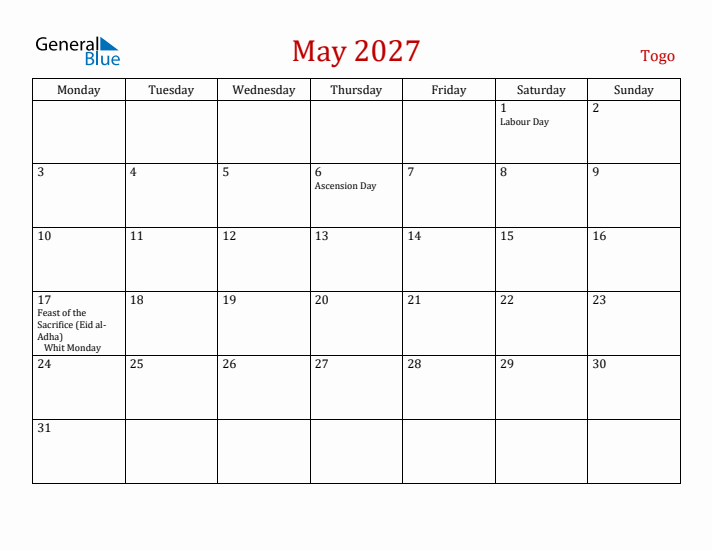 Togo May 2027 Calendar - Monday Start