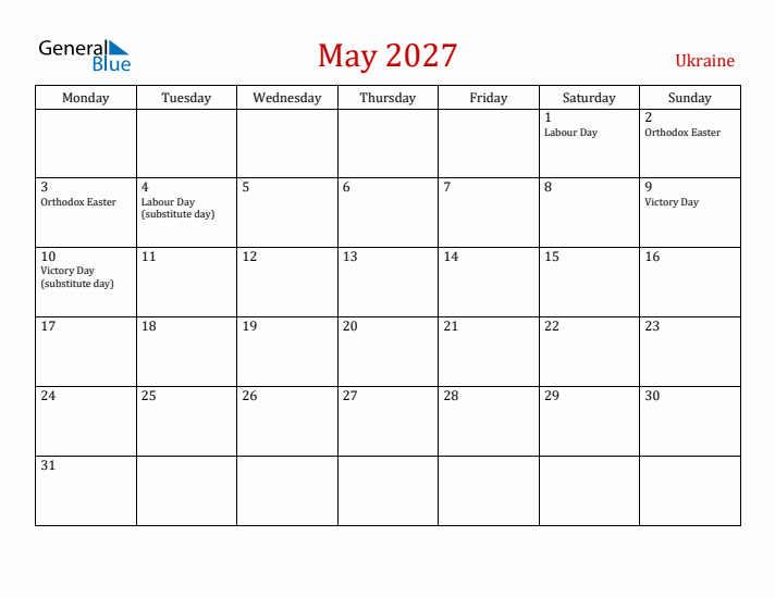 Ukraine May 2027 Calendar - Monday Start