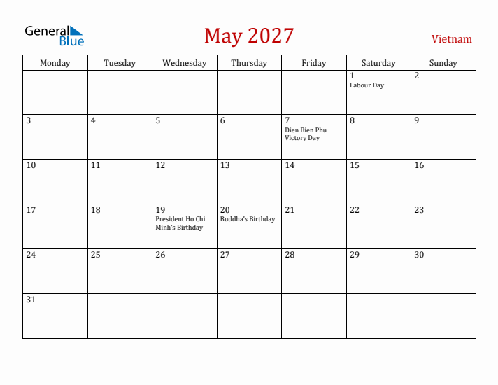 Vietnam May 2027 Calendar - Monday Start