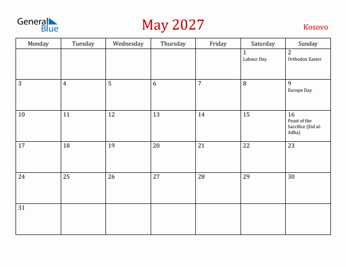 Kosovo May 2027 Calendar - Monday Start