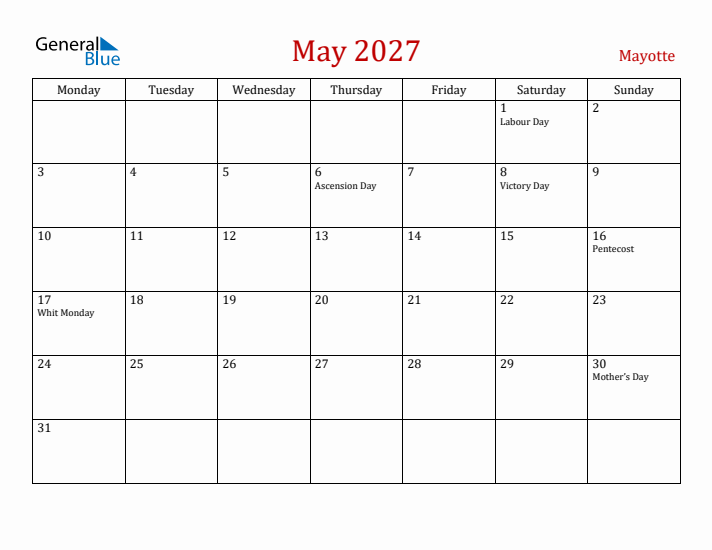 Mayotte May 2027 Calendar - Monday Start