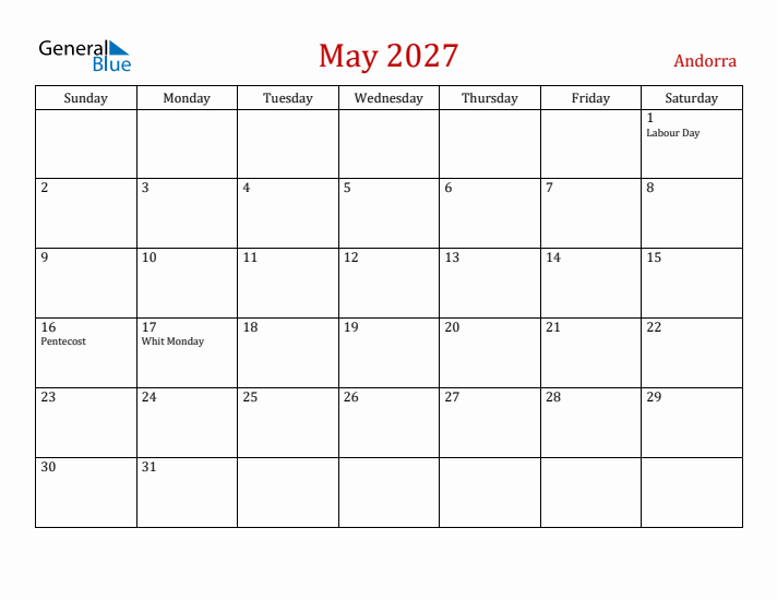 Andorra May 2027 Calendar - Sunday Start