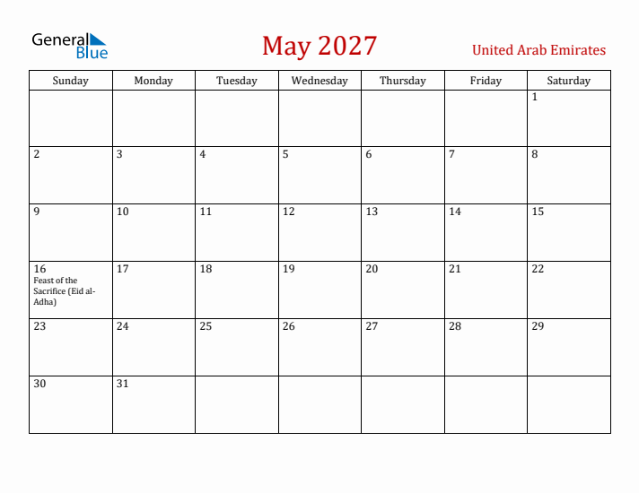 United Arab Emirates May 2027 Calendar - Sunday Start