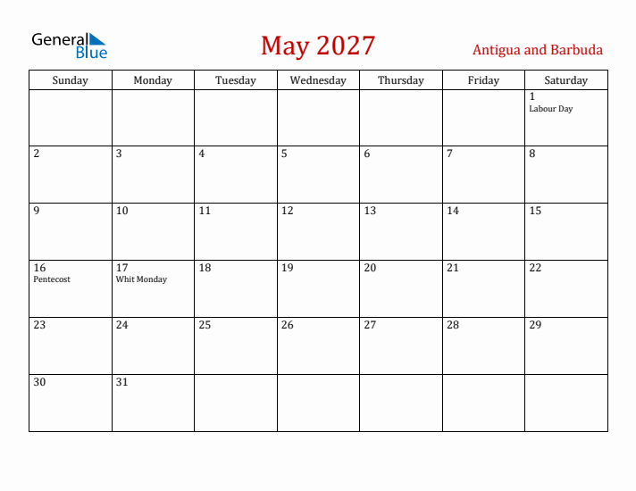 Antigua and Barbuda May 2027 Calendar - Sunday Start