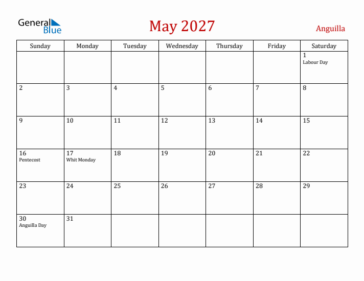 Anguilla May 2027 Calendar - Sunday Start