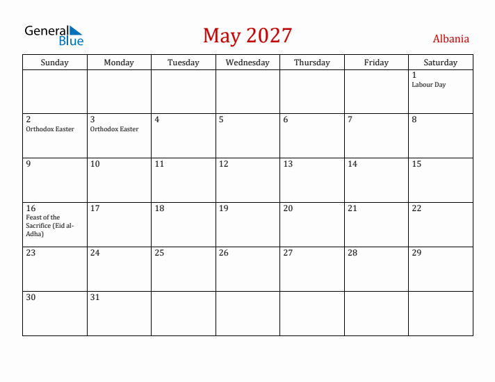 Albania May 2027 Calendar - Sunday Start