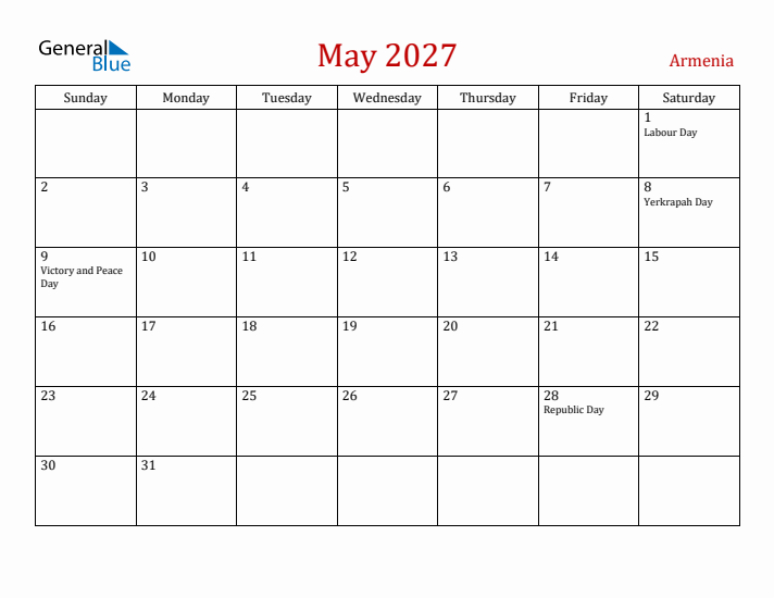 Armenia May 2027 Calendar - Sunday Start