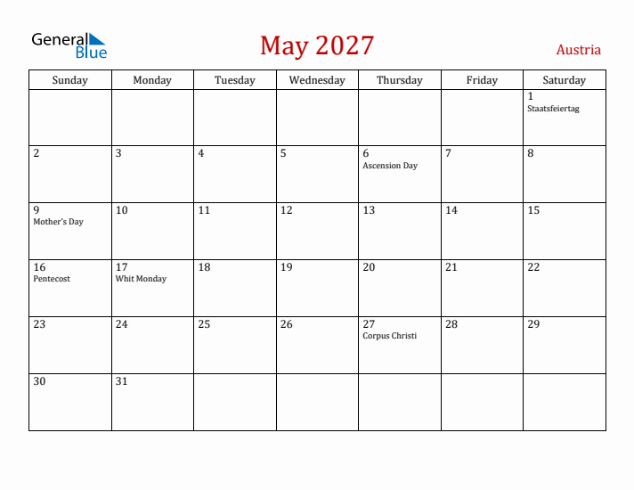 Austria May 2027 Calendar - Sunday Start