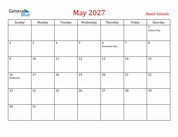 Aland Islands May 2027 Calendar - Sunday Start