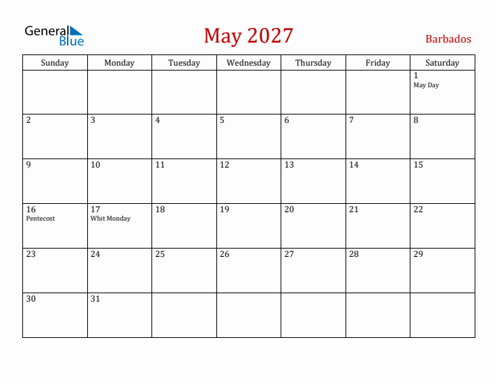 Barbados May 2027 Calendar - Sunday Start