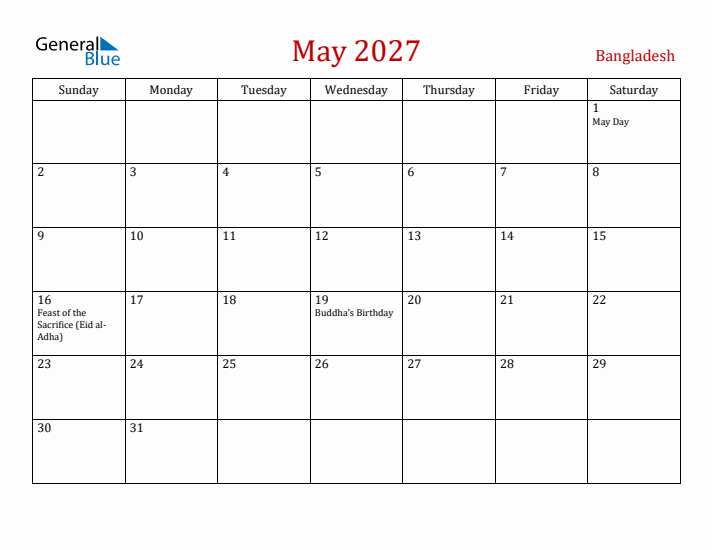Bangladesh May 2027 Calendar - Sunday Start