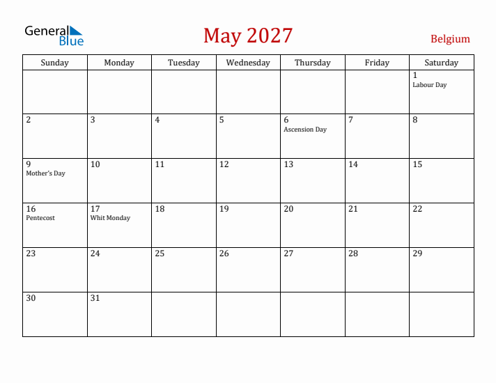 Belgium May 2027 Calendar - Sunday Start